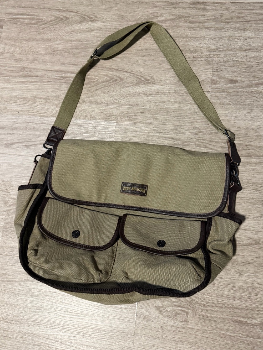 True Religion Beige Tan Canvas Large Crossbody Messenger Bag with Long Strap